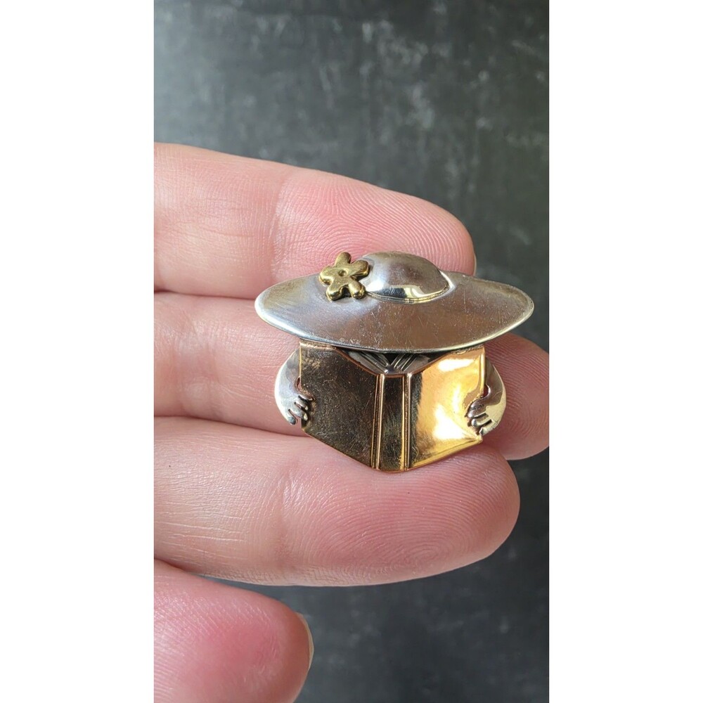 Far Fetched 925 Sterling Silver & Copper Reader Brooch Vintage